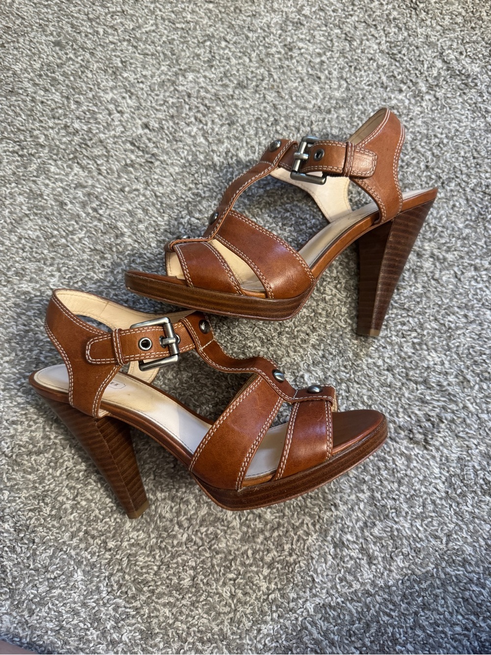 COACH Brown Leather High-Heel Sandals with Buckle Size 7.5